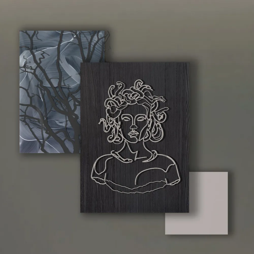 Viadurini Decor Abstrakte Bilder-Komposition aus 3 Tafeln mit der Stilisierung der Medusa, hergestellt in Italien – Ichika