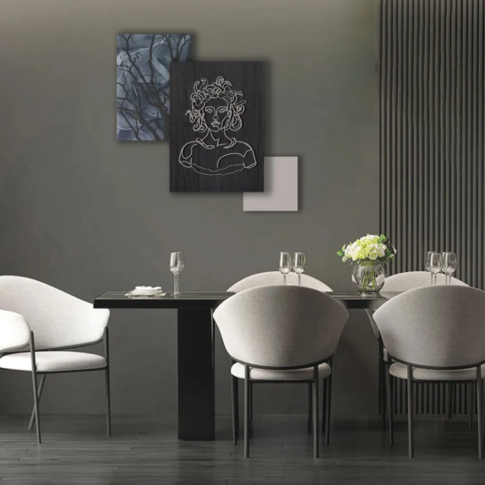 Viadurini Decor Abstrakte Bilder-Komposition aus 3 Tafeln mit der Stilisierung der Medusa, hergestellt in Italien – Ichika