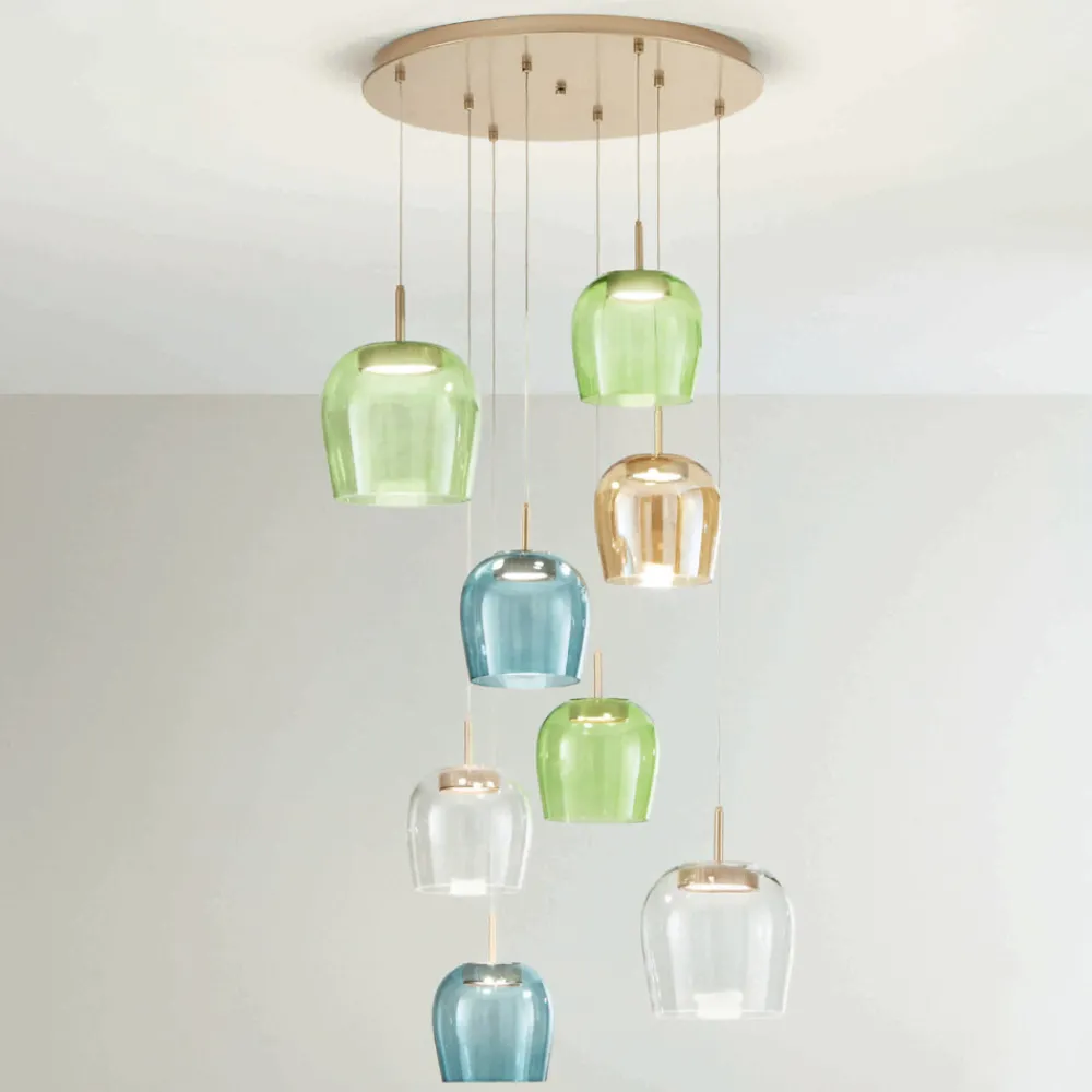 Viadurini Lighting Moderne Kronleuchter-Kronleuchter aus goldlackiertem Metall und LED-Licht und farbigem Glas – Hainbuche