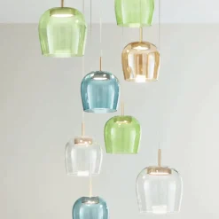 Viadurini Lighting Moderne Kronleuchter-Kronleuchter aus goldlackiertem Metall und LED-Licht und farbigem Glas – Hainbuche