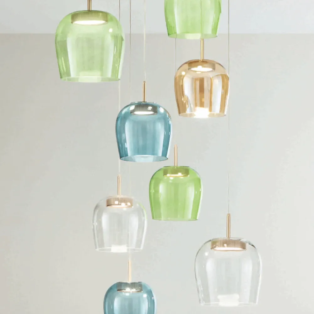 Viadurini Lighting Moderne Kronleuchter-Kronleuchter aus goldlackiertem Metall und LED-Licht und farbigem Glas – Hainbuche