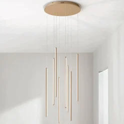 Viadurini Lighting Moderne Kronleuchter-Kronleuchter mit 8 LED-Leuchten aus goldlackiertem Metall und verstellbaren Kabeln – Orange