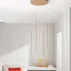 Viadurini Lighting Moderne Kronleuchter-Kronleuchter mit 8 LED-Leuchten aus goldlackiertem Metall und verstellbaren Kabeln – Orange