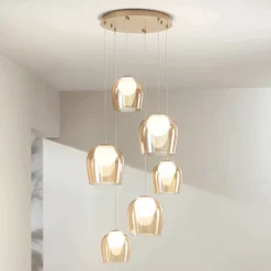 Viadurini Lighting Moderne Kronleuchter-Kronleuchter mit 6 LEDs, optional mit Glas abgedeckt und Sockel aus Metall – Buche