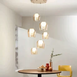 Viadurini Lighting Moderne Kronleuchter-Kronleuchter mit 6 LEDs, optional mit Glas abgedeckt und Sockel aus Metall – Buche