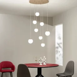 Viadurini Lighting Moderne Kronleuchter-Kronleuchter mit 8 LEDs, optional mit farbigem Glas abgedeckt und Sockel aus Metall – Buche