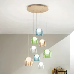 Viadurini Lighting Moderne Kronleuchter-Kronleuchter mit 8 LEDs, optional mit farbigem Glas abgedeckt und Sockel aus Metall – Buche