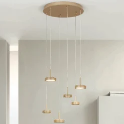 Viadurini Lighting Moderne Kronleuchter-Kronleuchter mit 6 LEDs und rundem Sockel aus goldlackiertem Metall – Hainbuche