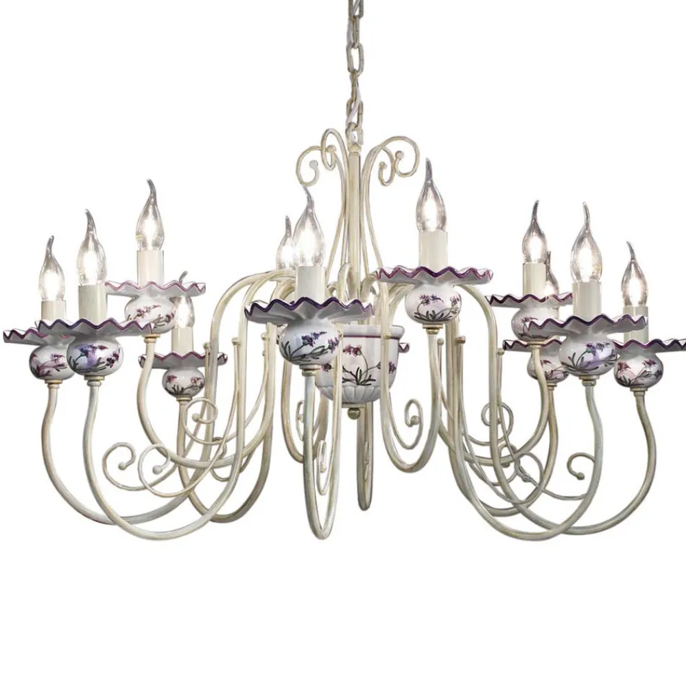 Ferroluce Vintage Kronleuchter-Kronleuchter mit 12 Lichtern aus Keramik Handdekor und antikem Messing - Sanremo