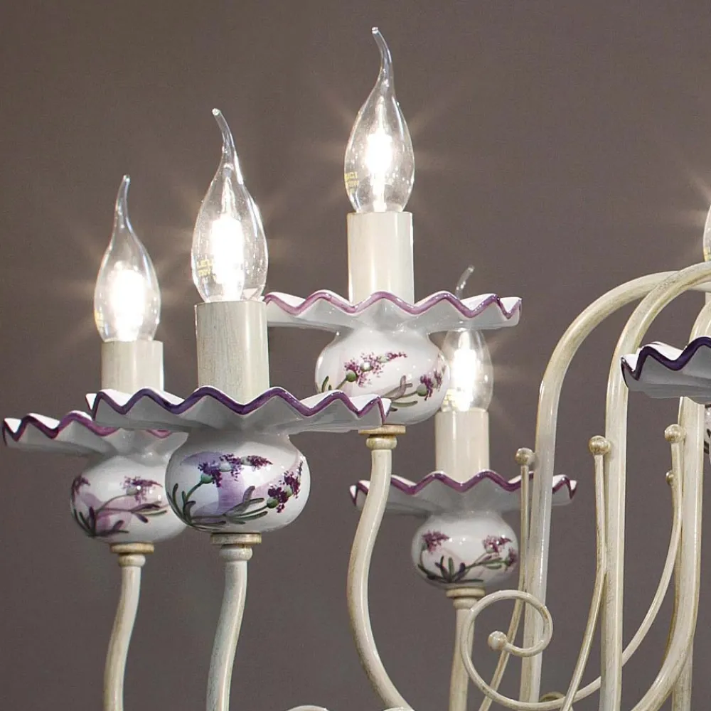 Ferroluce Vintage Kronleuchter-Kronleuchter mit 12 Lichtern aus Keramik Handdekor und antikem Messing - Sanremo