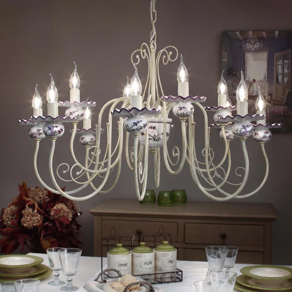 Ferroluce Vintage Kronleuchter-Kronleuchter mit 12 Lichtern aus Keramik Handdekor und antikem Messing - Sanremo