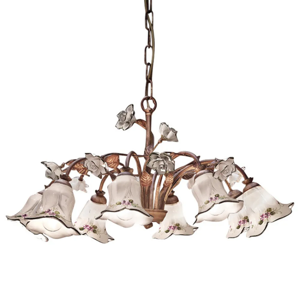 Ferroluce Vintage Kronleuchter-Kronleuchter mit 8 Lichtern aus Metall und handverzierter Keramik und Rosen - Pisa