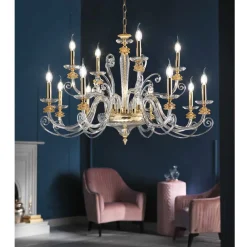 Viadurini Lighting Klassische Kronleuchter-Kronleuchter mit 12 Lichtern aus mundgeblasenem Glas und klassischem Luxuskristall - Cassea