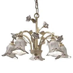 Ferroluce Vintage Kronleuchter-Kronleuchter mit 5 Lichtern aus Metall und handverzierter Keramik und Rosen - Pisa