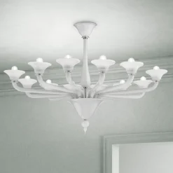 Viadurini Lighting Moderne Kronleuchter-Kronleuchter mit 12 Lichtern aus weißem venezianischem Glas und verchromtem Metall - Ismail