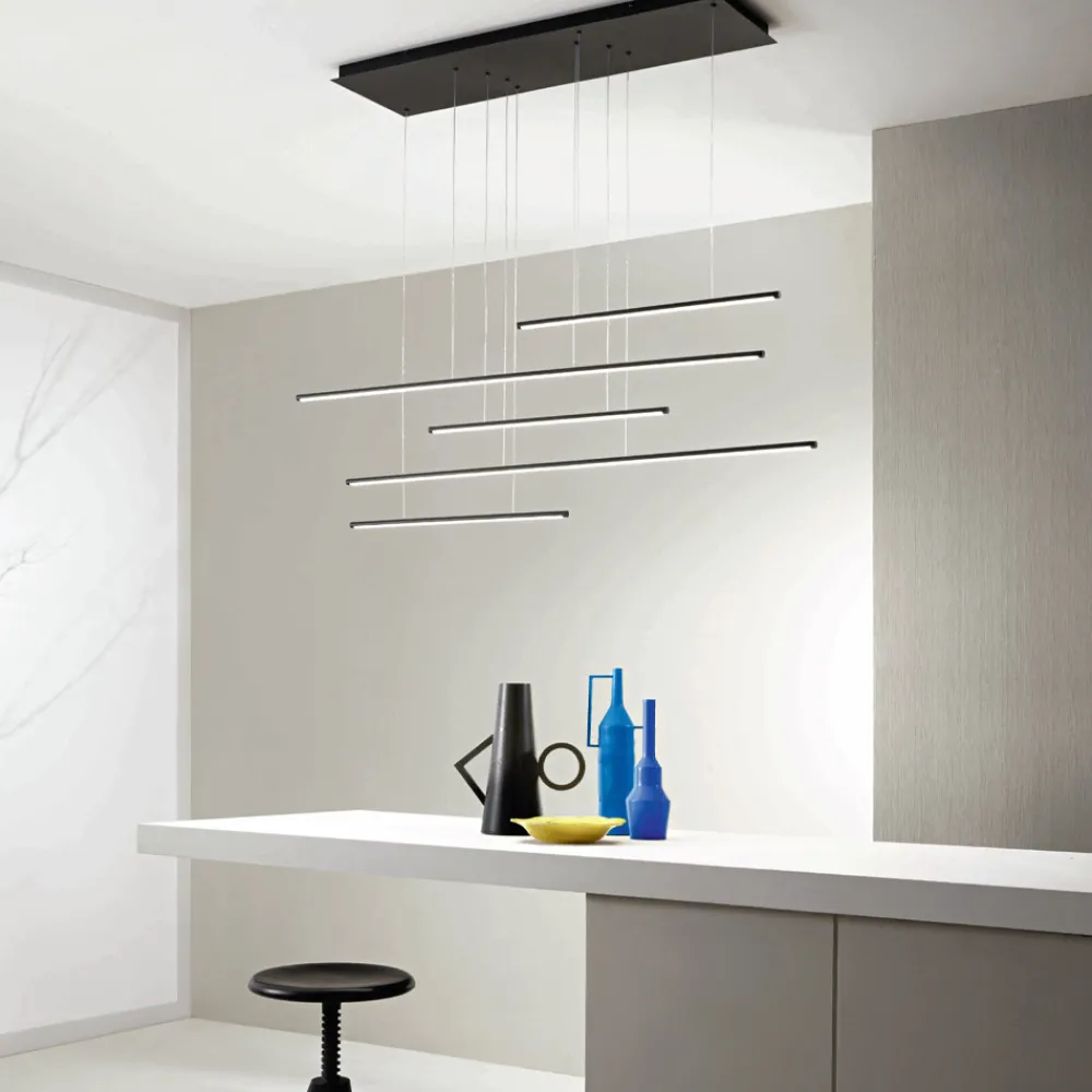 Viadurini Lighting Moderne Kronleuchter-Kronleuchter mit horizontalen LED-Leuchten aus Metall und verstellbaren Kabeln – Orange