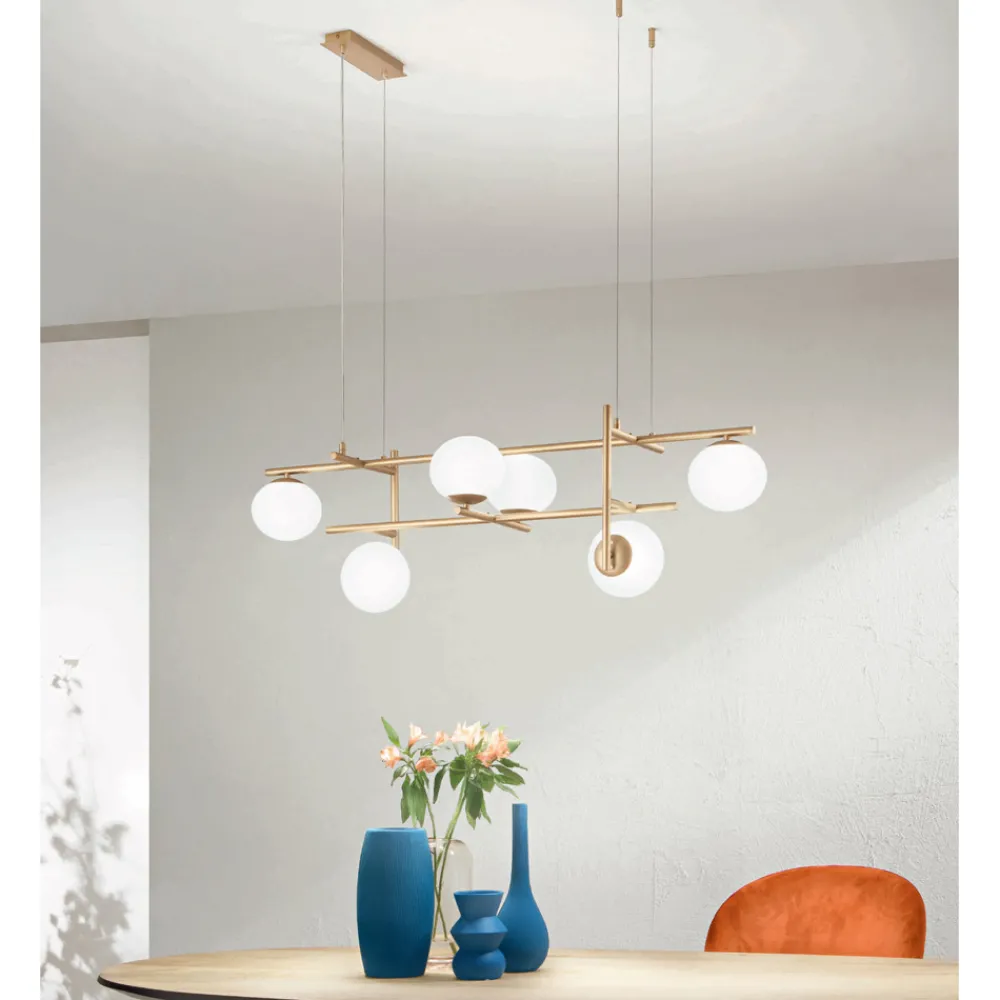 Viadurini Lighting Moderne Kronleuchter-Kronleuchter mit LED aus goldlackiertem Metall und geblasenem Glas - Ailanto