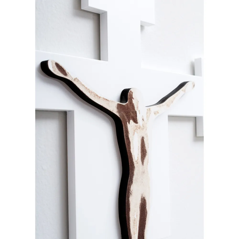Viadurini Decor Religiöse Bilder-Lasergraviertes weißes Kruzifix des Erlösers, hergestellt in Italien – Glora