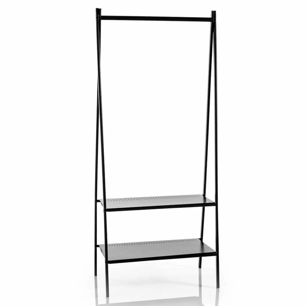 Viadurini Living Garderobenständer-Leiter Kleiderbügel mit Stange und 2 Regalen aus mattschwarz lackiertem Metall - Lupine