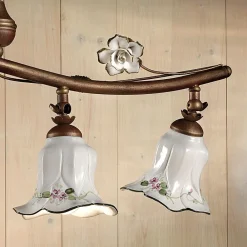 Ferroluce Pendelleuchten Vintage-4-Licht-Pendelleuchte aus handgefertigtem Keramik-Rosendekor - Pisa