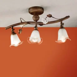Ferroluce Vintage Deckenleuchten-Lineare Deckenleuchte mit 3 Leuchten aus Eisen, Glas und Keramikrosen - Siena