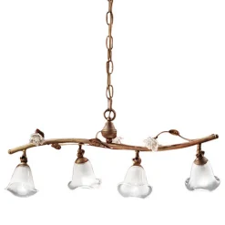 Ferroluce Pendelleuchten Vintage-Lineare Pendelleuchte 4 Lichter aus Eisen, Glas und Keramikrosen - Siena