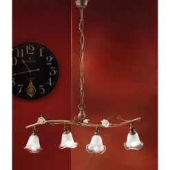 Ferroluce Pendelleuchten Vintage-Lineare Pendelleuchte 4 Lichter aus Eisen, Glas und Keramikrosen - Siena