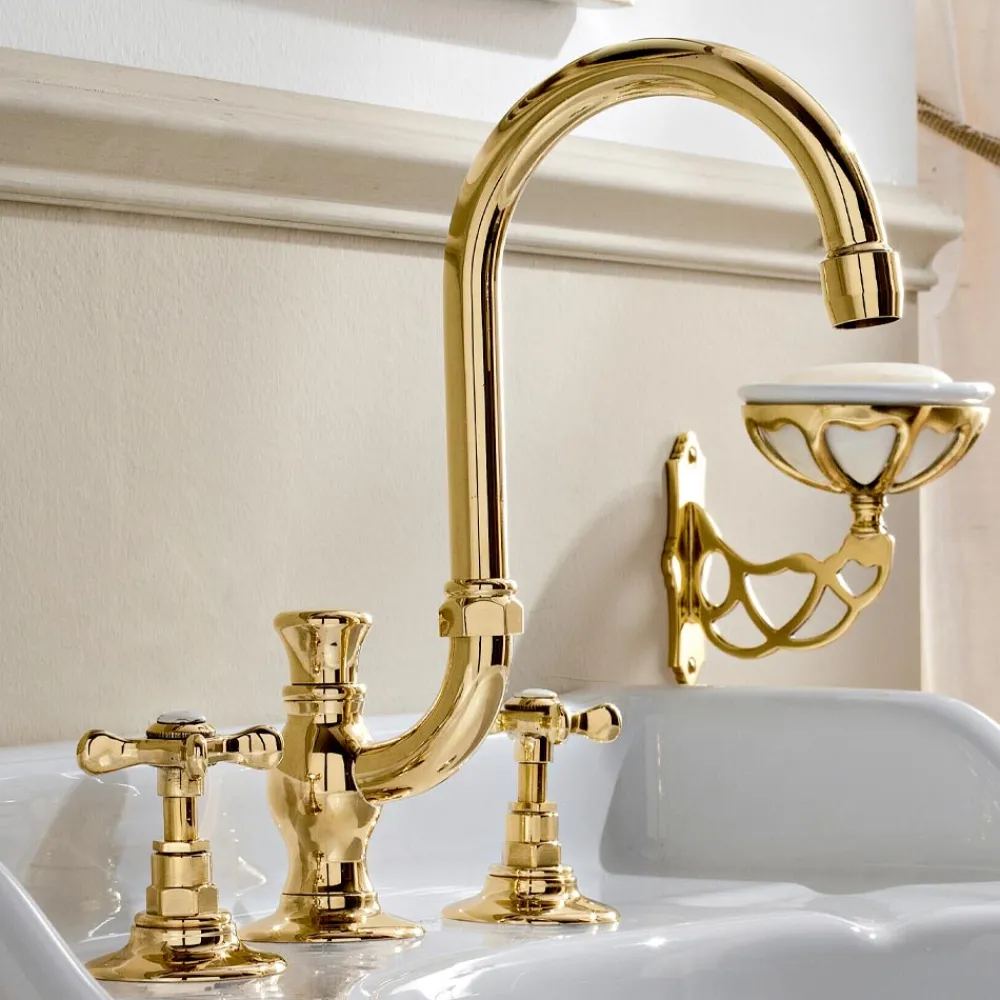 Viadurini Taps Waschbeckenarmaturen-3-Loch-Waschtischbatterie mit hohem Auslauf aus klassischem handgefertigtem Messing - Fioretta