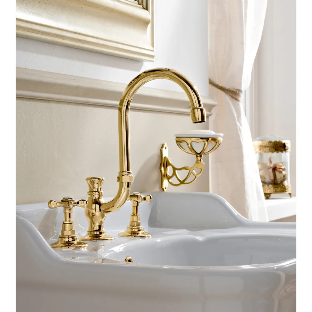 Viadurini Taps Waschbeckenarmaturen-3-Loch-Waschtischbatterie mit hohem Auslauf aus klassischem handgefertigtem Messing - Fioretta