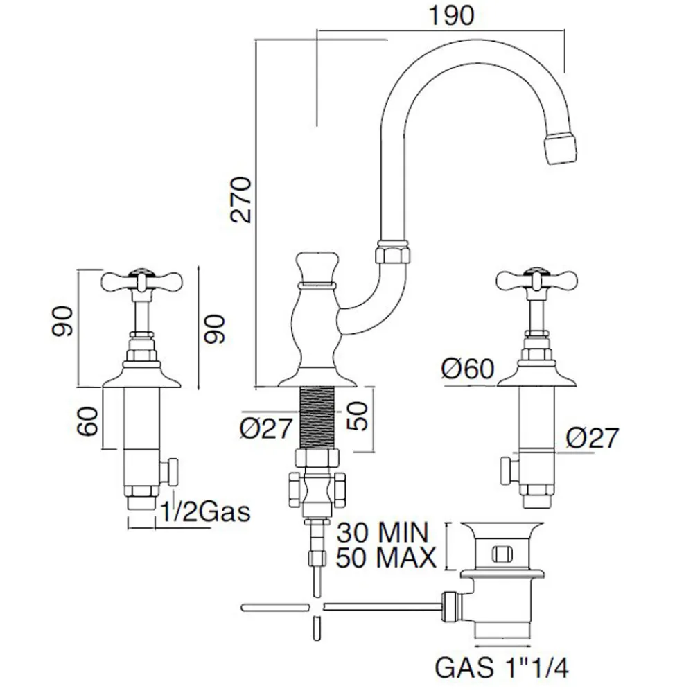 Viadurini Taps Waschbeckenarmaturen-3-Loch-Waschtischbatterie mit hohem Auslauf aus klassischem handgefertigtem Messing - Fioretta
