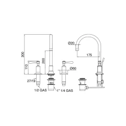 Viadurini Bathroom Waschbeckenarmaturen-3-Loch-Waschtischmischer mit hohem Auslauf und Ablaufgarnitur aus Messing, hergestellt in Italien – Rot