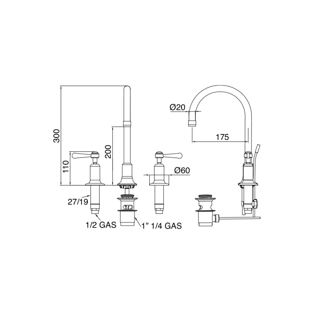 Viadurini Bathroom Waschbeckenarmaturen-3-Loch-Waschtischmischer mit hohem Auslauf und Ablaufgarnitur aus Messing, hergestellt in Italien – Rot