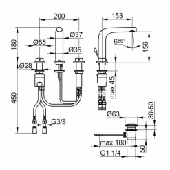 Viadurini Taps Waschbeckenarmaturen-Messing 3-Loch Becken Wasserhahn Höhe 15 cm Luxus Design - Pinto