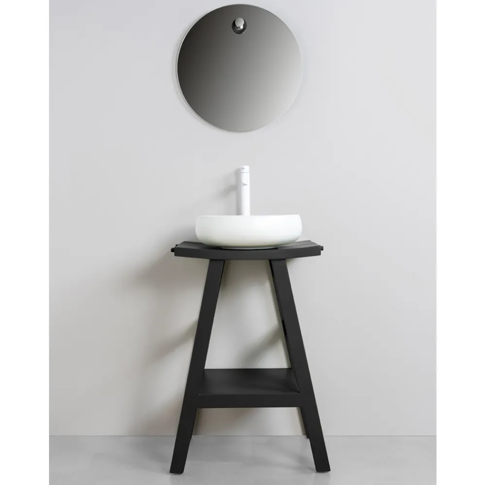 Viadurini Bathroom Badmöbel Stehend-Moderner Badezimmerschrank aus schwarzem Teakholz mit halb gebogener Platte und Haken - Raomi