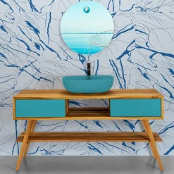 Viadurini Bathroom Badmöbel Stehend-Moderner Badezimmerschrank aus natürlichem Teakholz mit blauen Mahagonischubladen - Hamadou