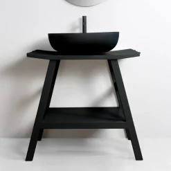 Viadurini Bathroom Badmöbel Stehend-Moderner Badezimmerschrank aus mattschwarzem Teakholz mit unterer Ablage - Crina