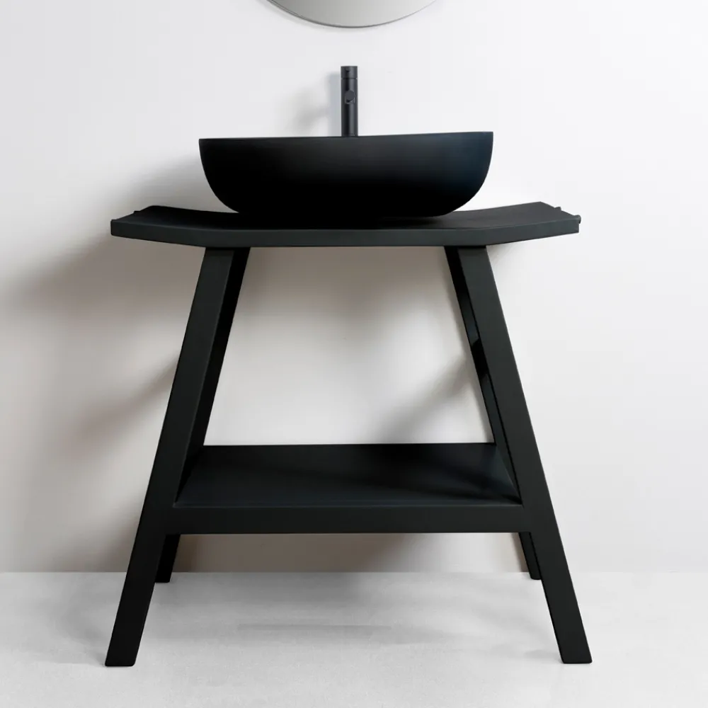 Viadurini Bathroom Badmöbel Stehend-Moderner Badezimmerschrank aus mattschwarzem Teakholz mit unterer Ablage - Crina