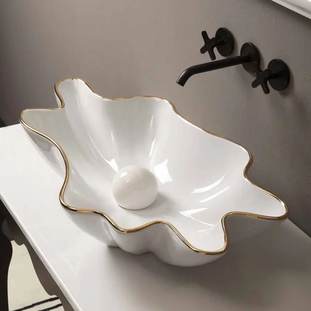 Viadurini Bathroom Keramikwaschbecken-Modernes Design Aufsatzwaschbecken Keramik, weiß golfarben,Italy Rayan