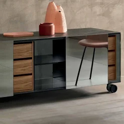 Viadurini Living Sideboards-Modernes Sideboard auf Rädern aus Smokey Glass und Keramikplatte Made in Italy - Scocca