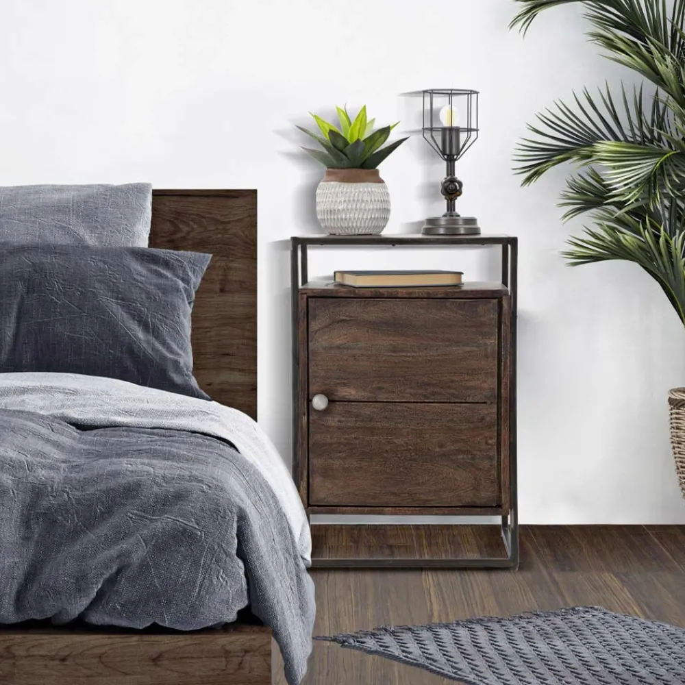 Viadurini Living Nachttische-Nachttisch aus Akazienholz mit Eisenstruktur im Industriestil - Cacio