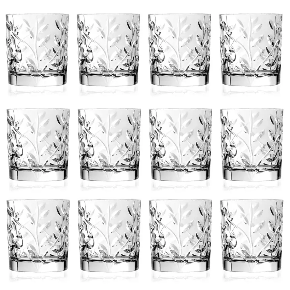Viadurini Kitchen Italienisches Kristallgeschirr-Niedrige Trinkgläser in Eco Crystal Leaf Dekoration 12 Stück - Magnolio