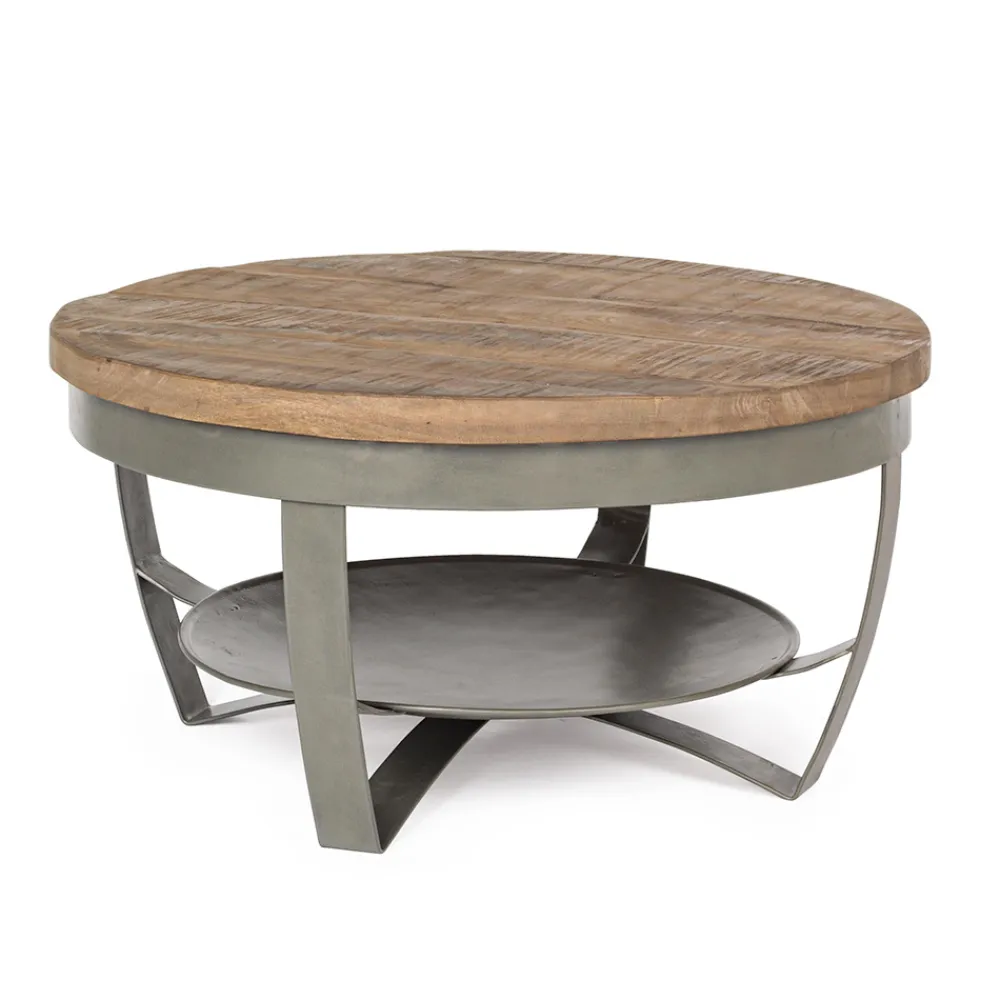 Viadurini Living Moderne Couchtische-Niedriger runder Wohnzimmer-Couchtisch aus Mangoholz und Stahl - Moncheri