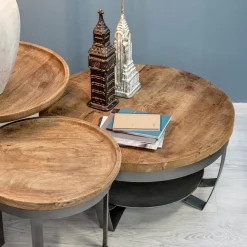 Viadurini Living Moderne Couchtische-Niedriger runder Wohnzimmer-Couchtisch aus Mangoholz und Stahl - Moncheri