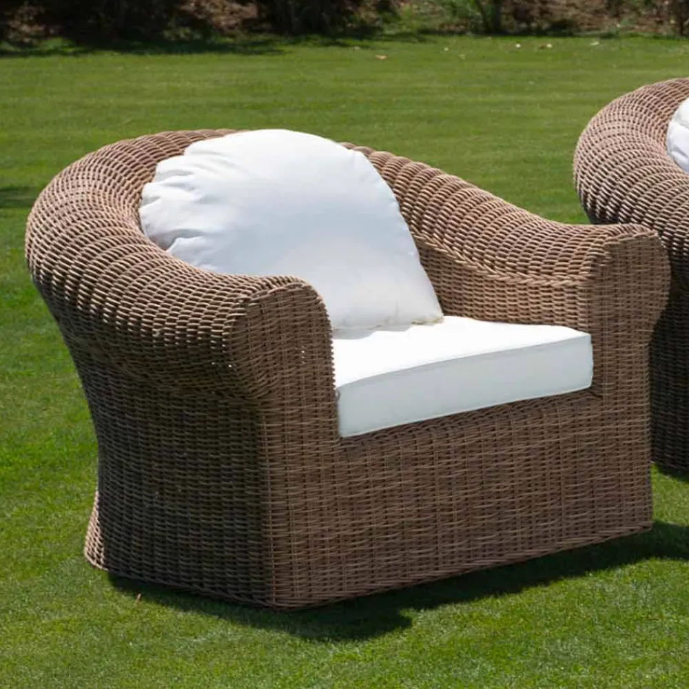 Viadurini in the Garden Sessel Rattan-Outdoor-Sessel aus gewebtem synthetischem Rattan und weißem oder Ecru-Stoff - Yves