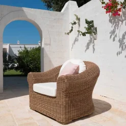 Viadurini in the Garden Sessel Rattan-Outdoor-Sessel aus gewebtem synthetischem Rattan und weißem oder Ecru-Stoff - Yves