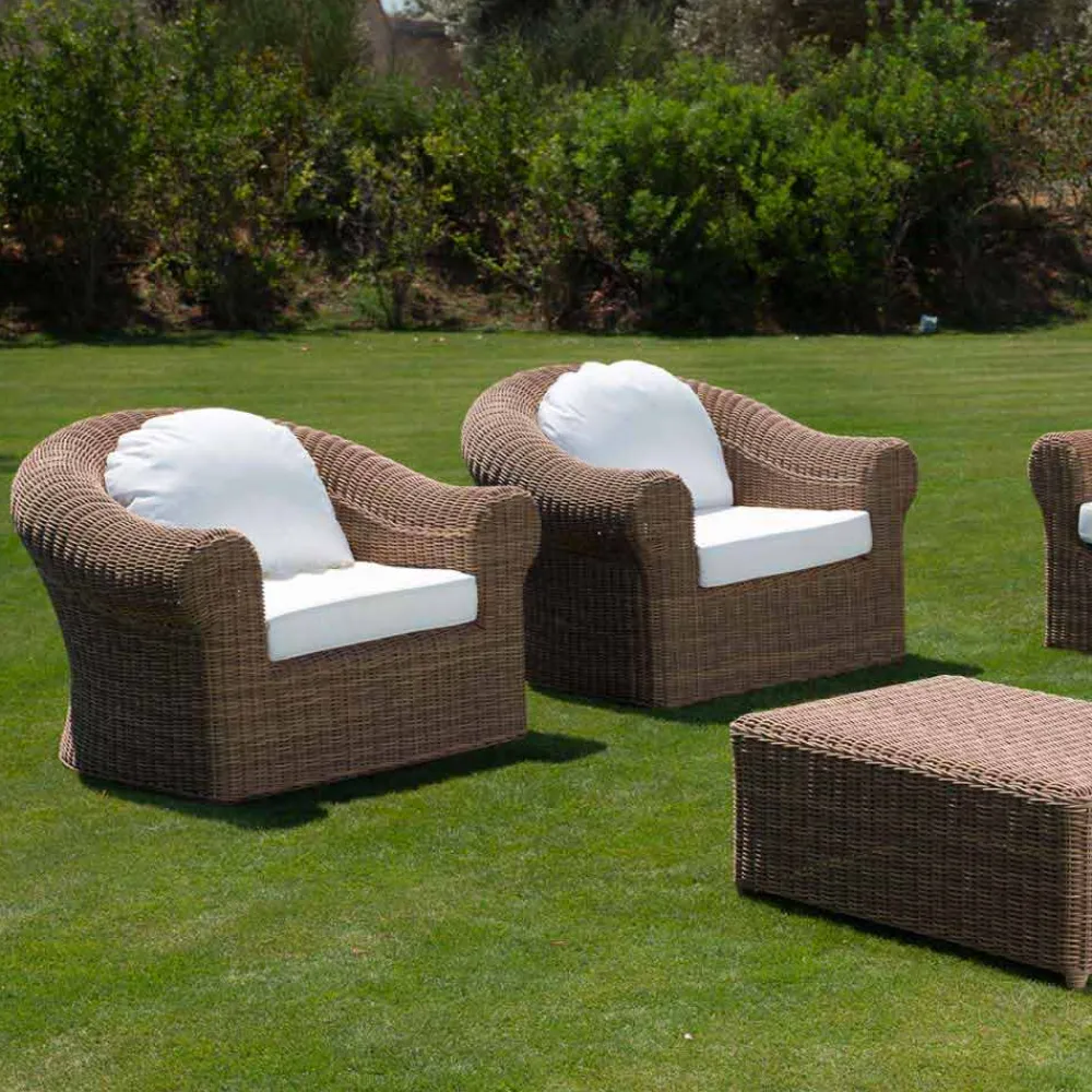 Viadurini in the Garden Sessel Rattan-Outdoor-Sessel aus gewebtem synthetischem Rattan und weißem oder Ecru-Stoff - Yves