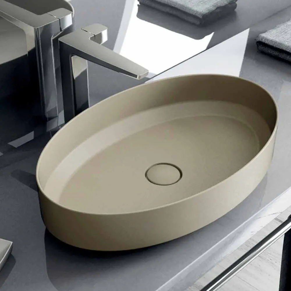 Viadurini Bathroom Keramikwaschbecken-Ovales Aufsatzspülbecken aus Keramik, hergestellt in Italien, Yoel