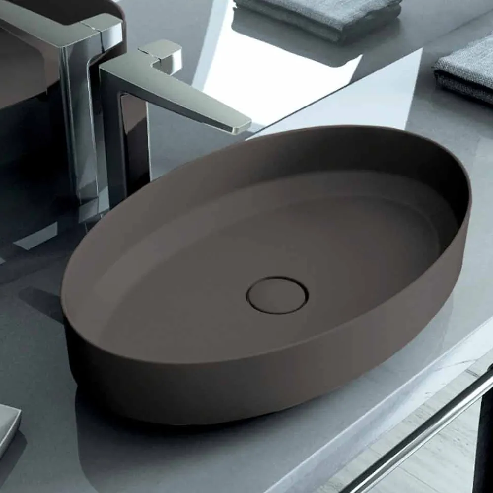 Viadurini Bathroom Keramikwaschbecken-Ovales Aufsatzspülbecken aus Keramik, hergestellt in Italien, Yoel