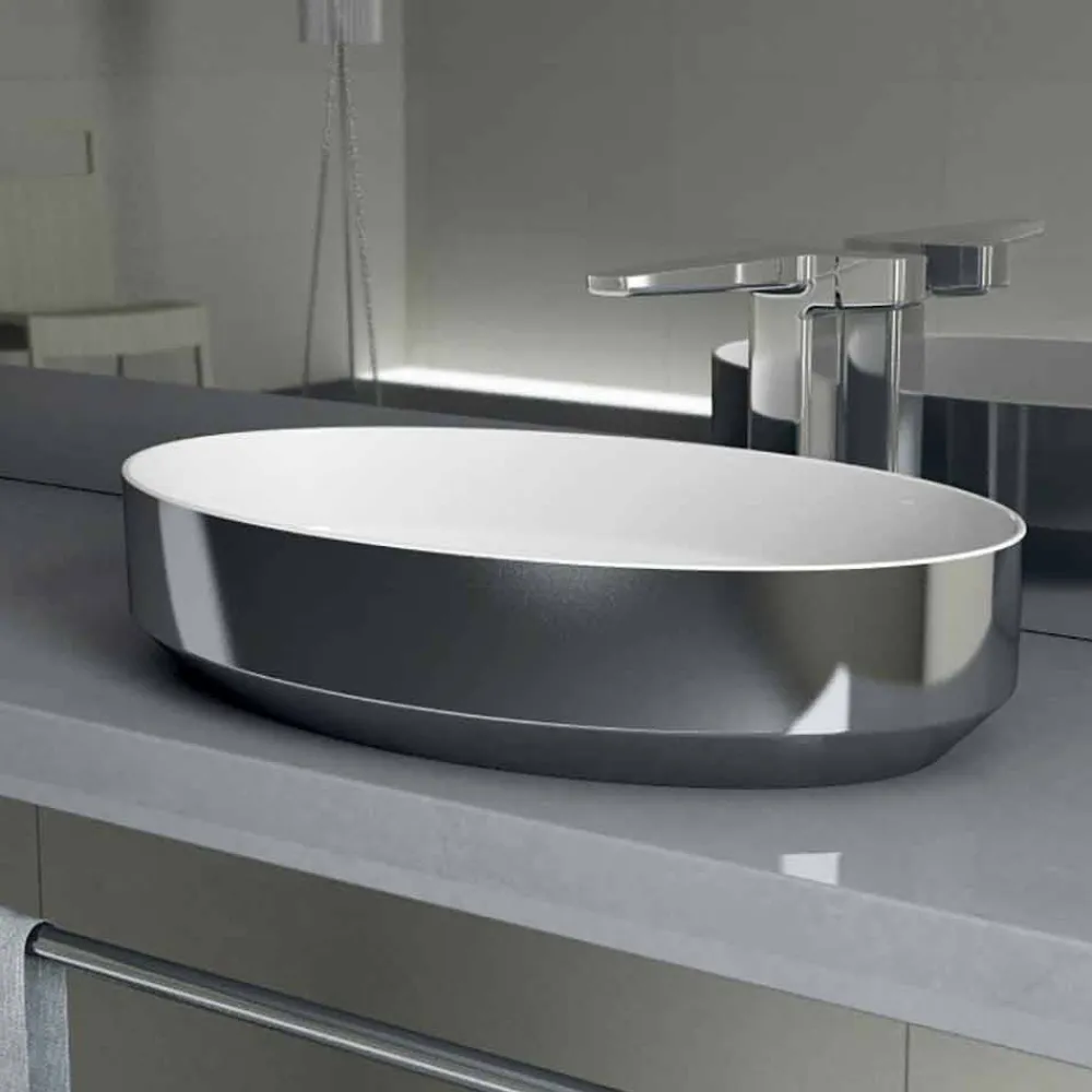 Viadurini Bathroom Keramikwaschbecken-Ovales Aufsatzspülbecken aus Keramik, hergestellt in Italien, Yoel