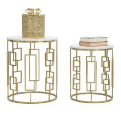 Viadurini Living Moderne Couchtische-Paar runde goldene Couchtische mit Eisenstruktur - Marmolo